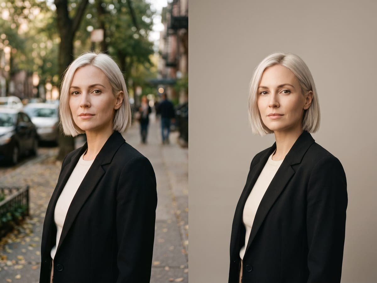 The same portrait of a woman shown against a street and against a clean studio backdrop