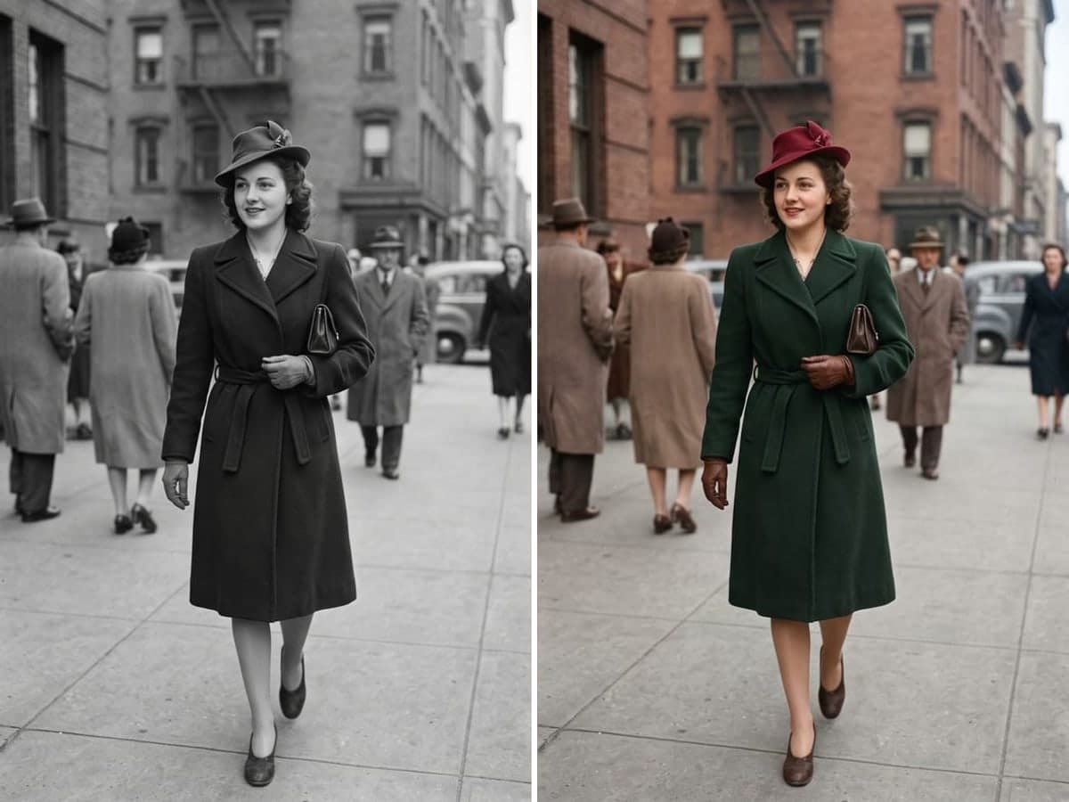 A 1940s black-and-white street portrait next to the same photo in natural color