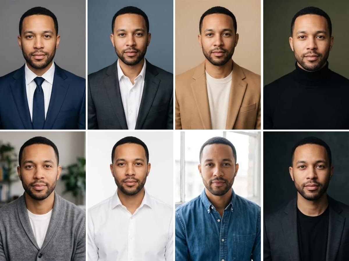 Grid of professional headshots of one man in different suits and backdrops