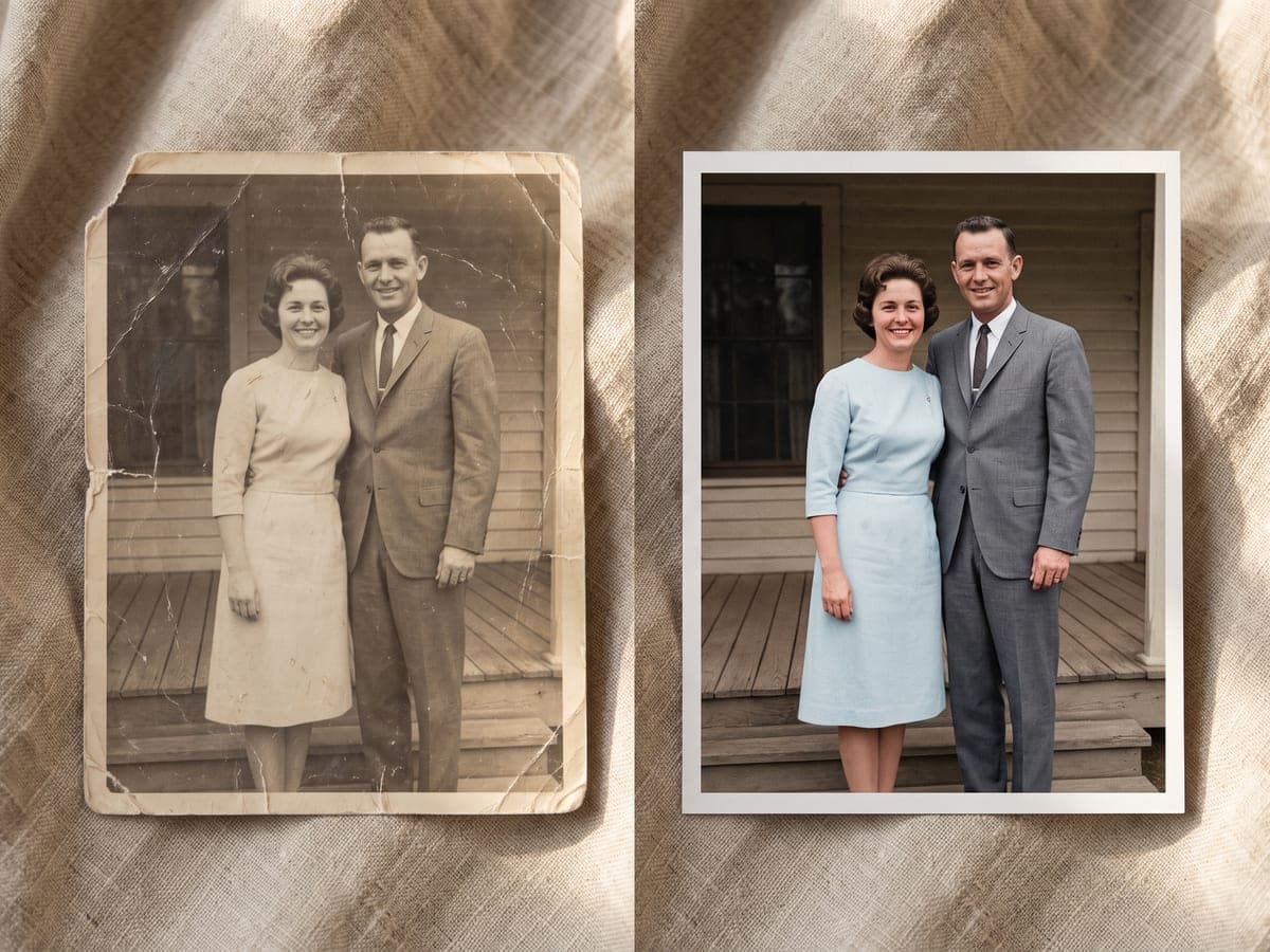 Before and after of a creased old family photo, restored and colorized