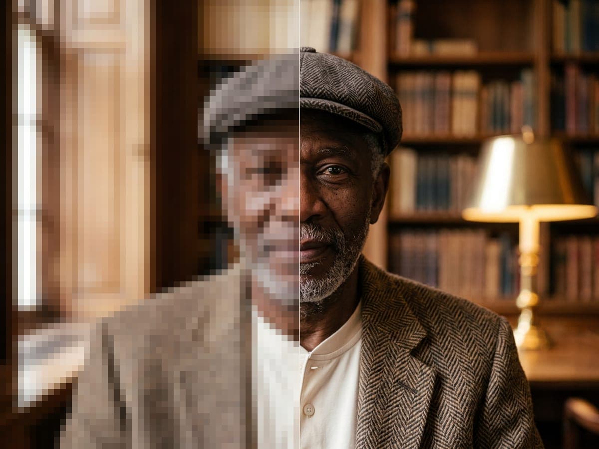 Close-up of a portrait split between a soft low-resolution half and a sharp 4K half