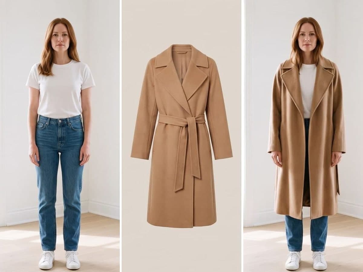 A woman's full-length photo, a camel coat product shot, and the same woman wearing the coat