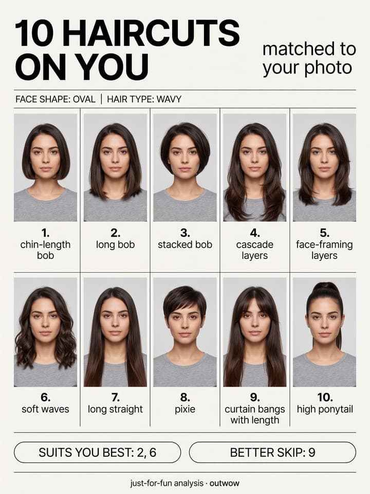 Katalogposter 10 HAIRCUTS ON YOU mit zehn nummerierten Frisuren, vom kinnlangen Bob bis zum hohen Pferdeschwanz, an derselben dunkelhaarigen Frau, dazu die Felder SUITS YOU BEST und BETTER SKIP