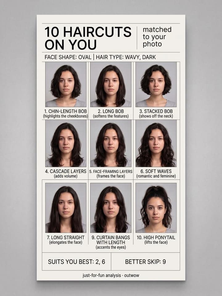 Catalog poster 10 HAIRCUTS ON YOU showing ten numbered haircuts on the same woman's face