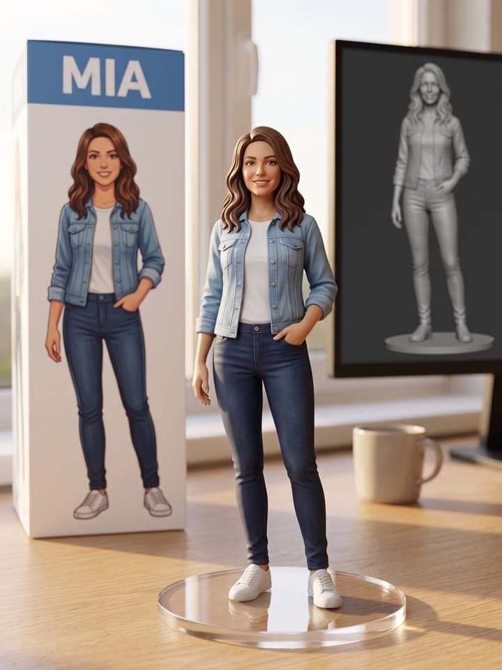 Figura coleccionable pintada de una mujer sonriente de pelo castaño ondulado, con chaqueta denim, camiseta blanca y jeans oscuros, sobre una base redonda transparente en un escritorio, con su caja expositora ilustrada con el nombre MIA detrás y el modelado 3D gris en un monitor