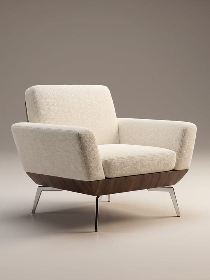 3D render of a cream lounge armchair with a walnut base on a neutral gradient background