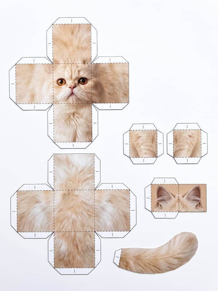 Papercraft sheet of a fluffy ginger cat: cross-shaped head net, body, paws and tail with fold lines