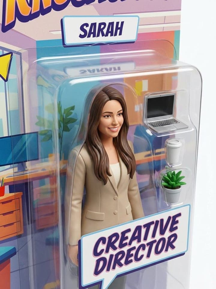 Action figure of a woman in a beige blazer in a blister pack labeled SARAH and CREATIVE DIRECTOR