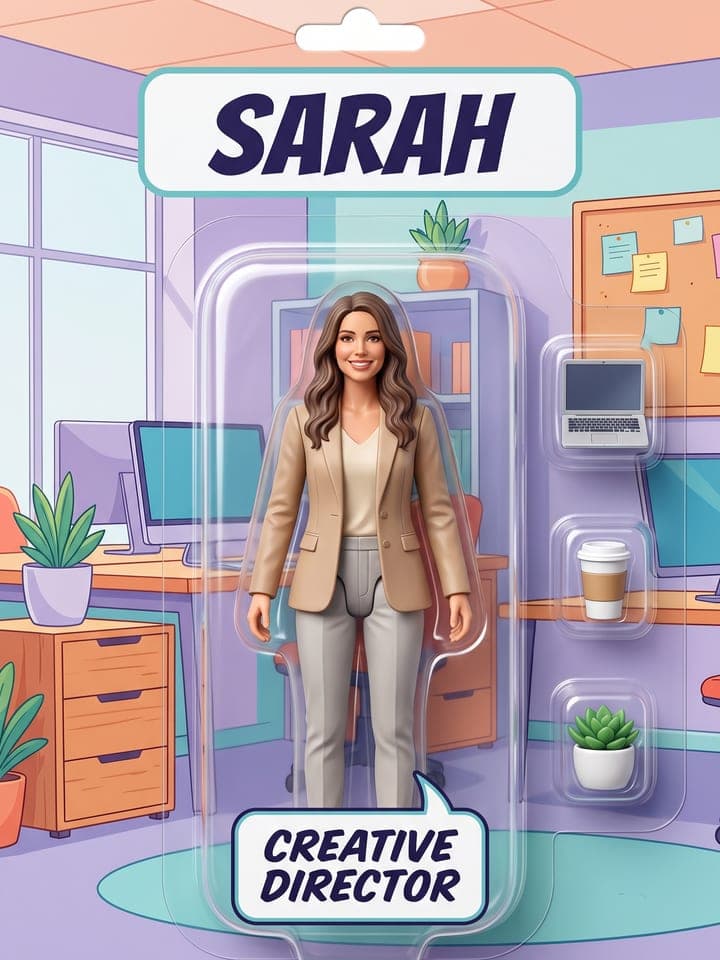 Figura de acción de una mujer con blazer beige en un blíster con los textos SARAH y CREATIVE DIRECTOR, sobre un cartón ilustrado con fondo de oficina