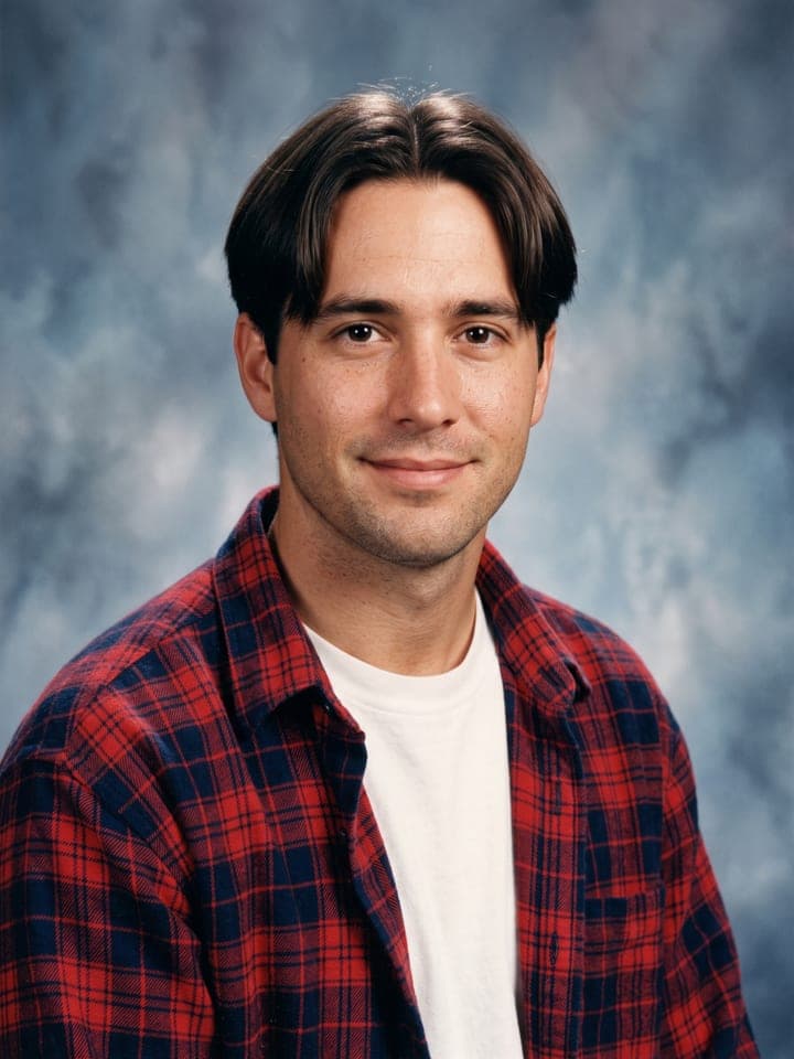 Mann in einem Studioporträt im Jahrbuchstil der 90er mit in der Mitte gescheitelten Curtain-Haaren, leichten Bartstoppeln und offenem rot kariertem Flanellhemd über weißem T-Shirt vor marmoriertem blaugrauem Leinwandhintergrund