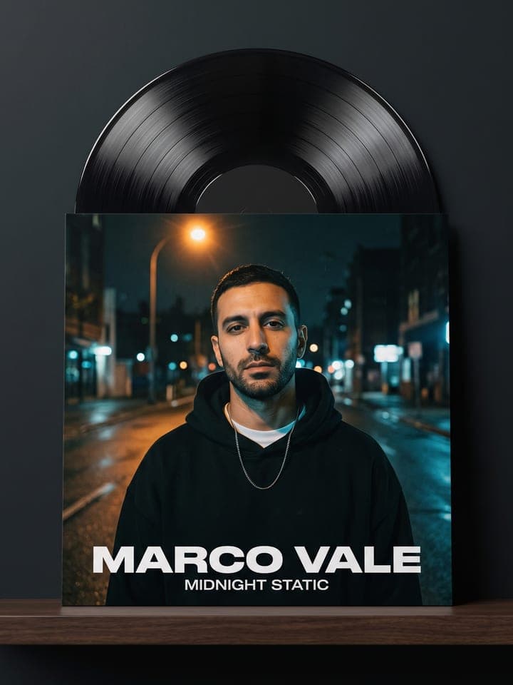 Quadratisches Albumcover: ein Mann mit kurzem dunklem Bart im schwarzen Hoodie auf einer nassen Straße bei Nacht unter einer orangefarbenen Straßenlaterne, der Name Marco Vale in fetten weißen Großbuchstaben, darunter der Titel Midnight Static