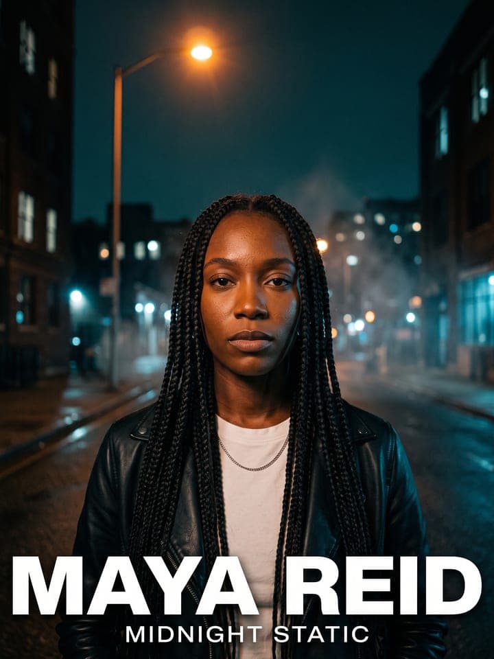 Albumcover: eine Frau mit langen Box Braids in schwarzer Lederjacke über weißem T-Shirt auf einer nassen Straße bei Nacht unter einer orangefarbenen Straßenlaterne, unten der Name Maya Reid in fetten weißen Großbuchstaben