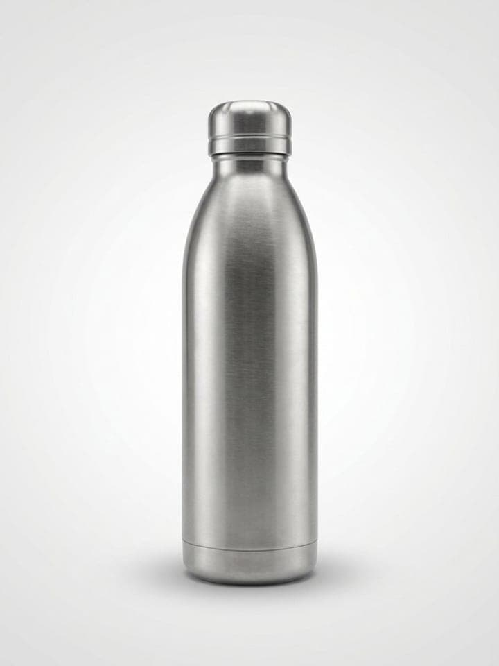 Brushed steel water bottle standing centered on a clean light background with a soft shadow