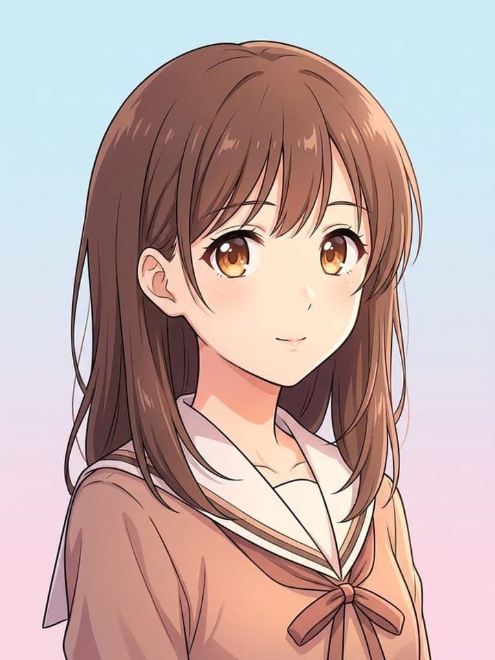 Anime-style portrait of a girl with long brown hair and amber eyes on a soft pastel gradient