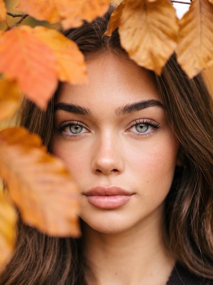 Nahaufnahme einer jungen Frau mit langen braunen Haaren und blauen Augen, umrahmt von orangefarbenem Herbstlaub
