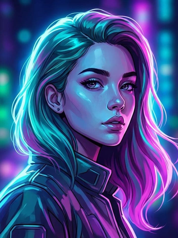Stylized digital portrait of a woman with glowing teal and pink hair and neon bokeh behind
