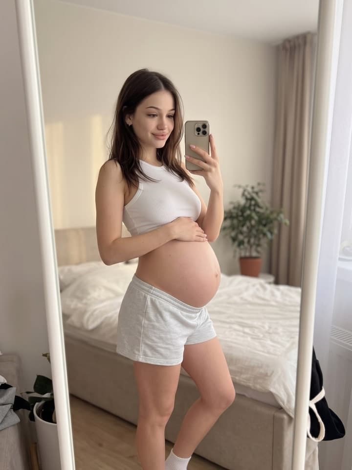Selfie en el espejo de una mujer joven sonriente con crop top blanco y shorts grises, con una mano sobre una barriga de embarazada redonda