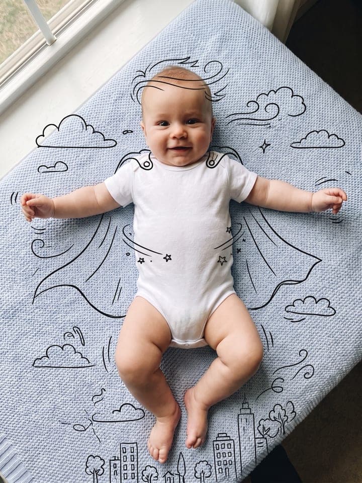 Baby in a white bodysuit lying on a blanket with a hand-drawn superhero cape and city doodles around