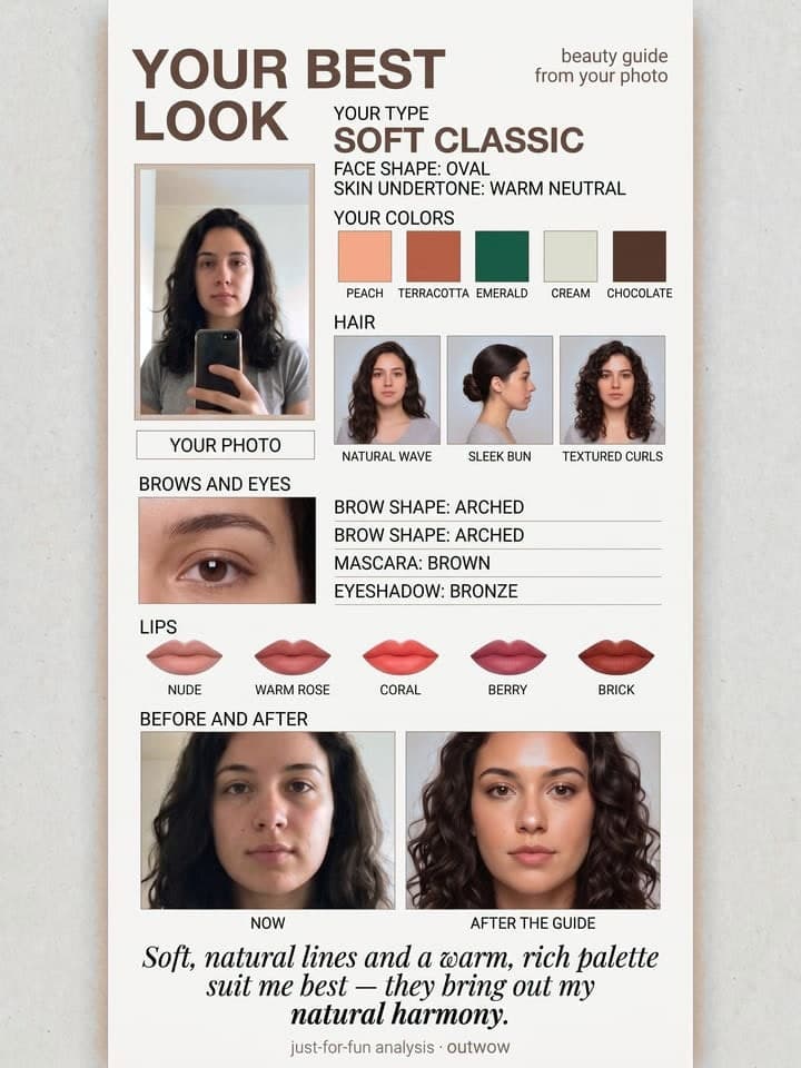 Beauty guide poster YOUR BEST LOOK with palette, hairstyles, lip shades and before-and-after frames