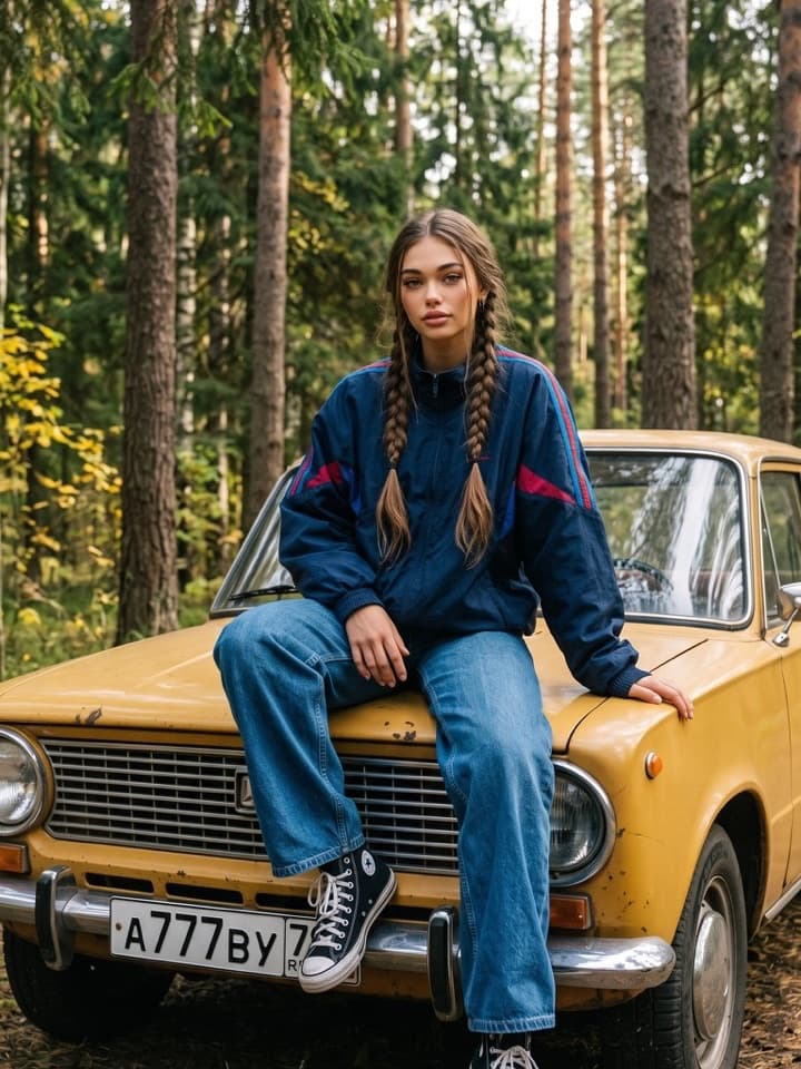 Junge Frau mit zwei Zöpfen in marineblauer gestreifter Jacke und weiter Jeans sitzt auf der Motorhaube eines gelben Oldtimers in einem Kiefernwald