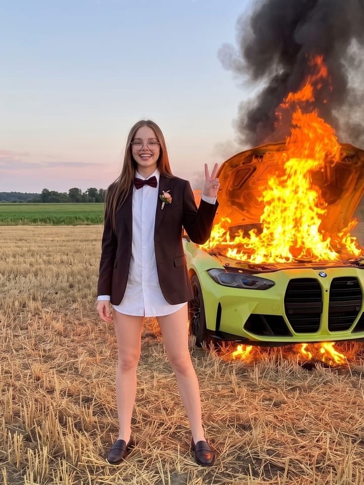 Una mujer joven con chaqueta de traje, camisa blanca y pajarita haciendo el signo de la paz en un campo frente a un BMW lima en llamas