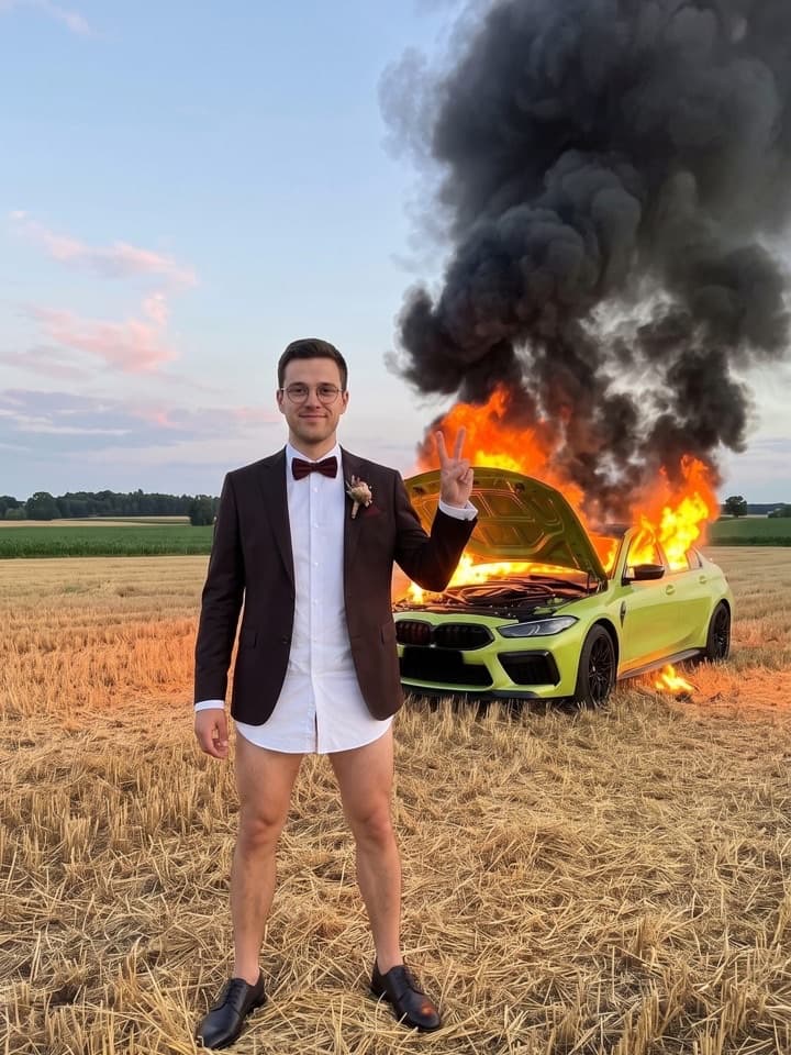 Ein junger Mann in Sakko und Fliege, aber ohne Hose, zeigt auf einem Feld ein Peace-Zeichen vor einem brennenden limettengrünen BMW M5