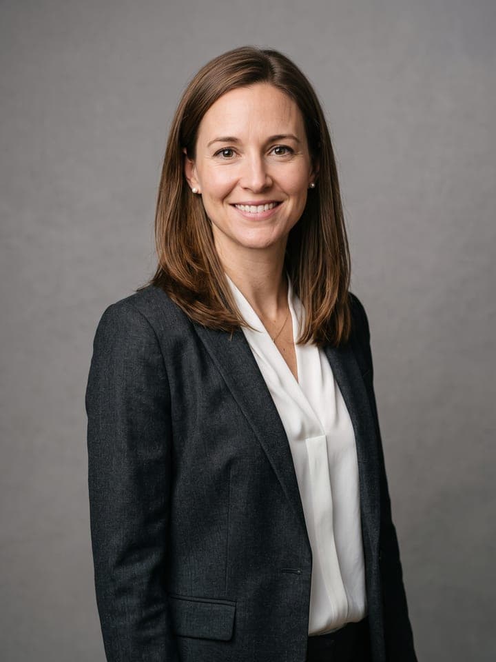 Frau in dunklem Blazer und weißer Bluse lächelt auf einem professionellen Porträtfoto vor grauem Studiohintergrund