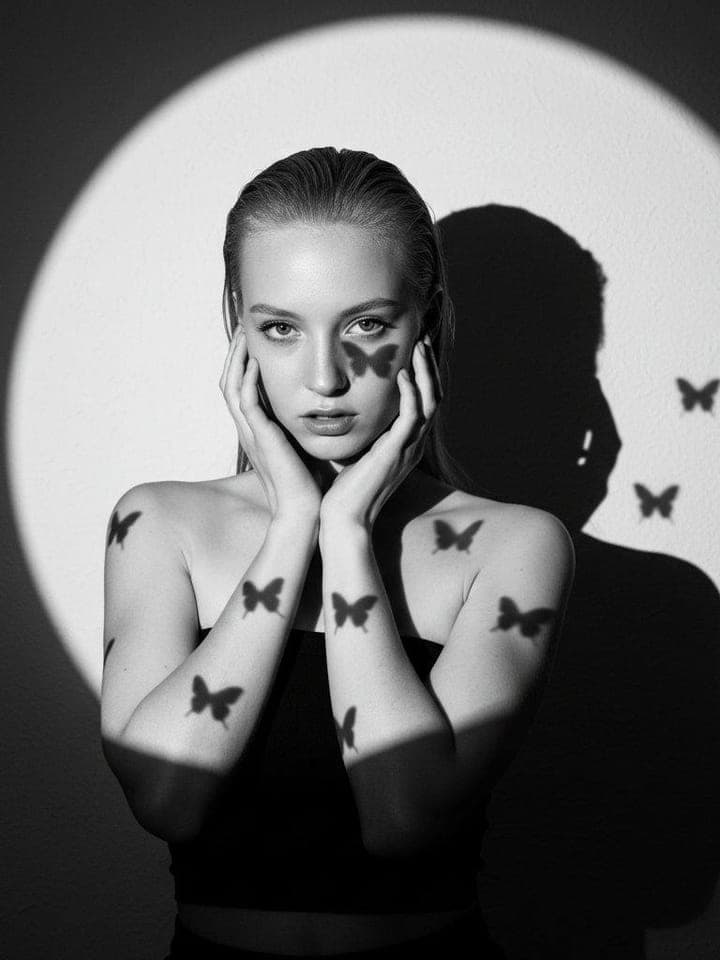 Black-and-white portrait of a woman holding her face, a round spotlight behind and butterfly shadows on her skin