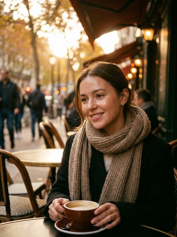 Woman in a knit scarf smiling over a cappuccino at a street cafe in warm golden evening light