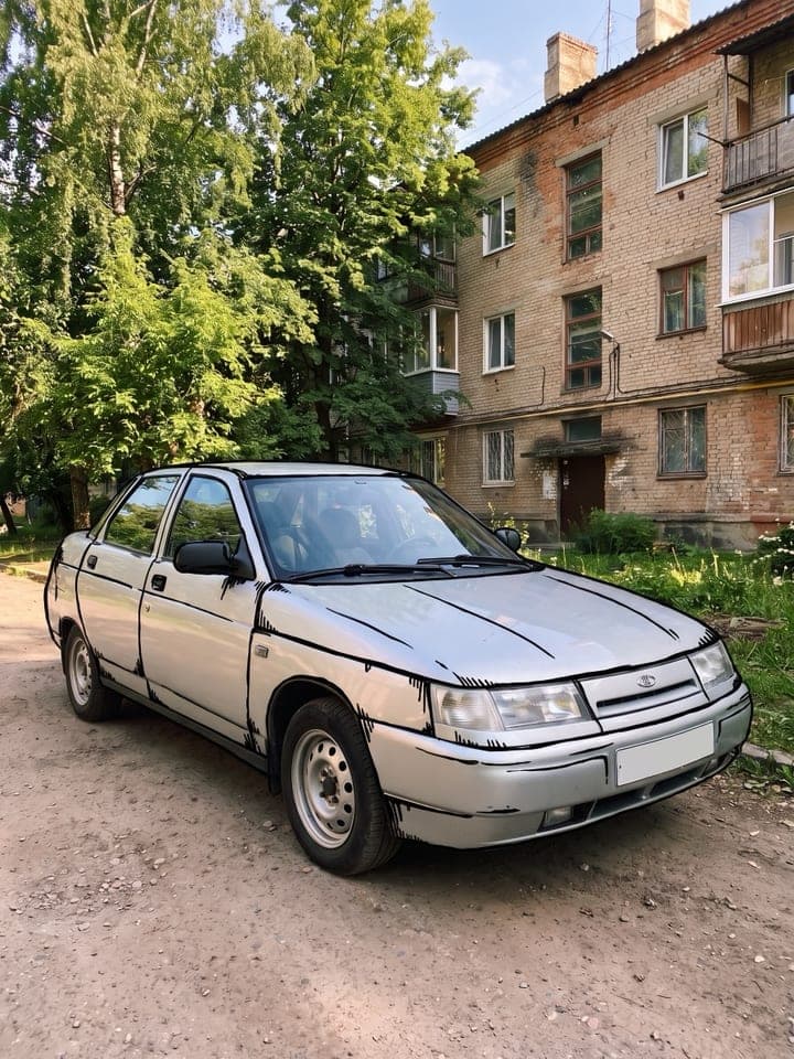 Silver sedan parked in a courtyard with its body lines traced in thick black marker