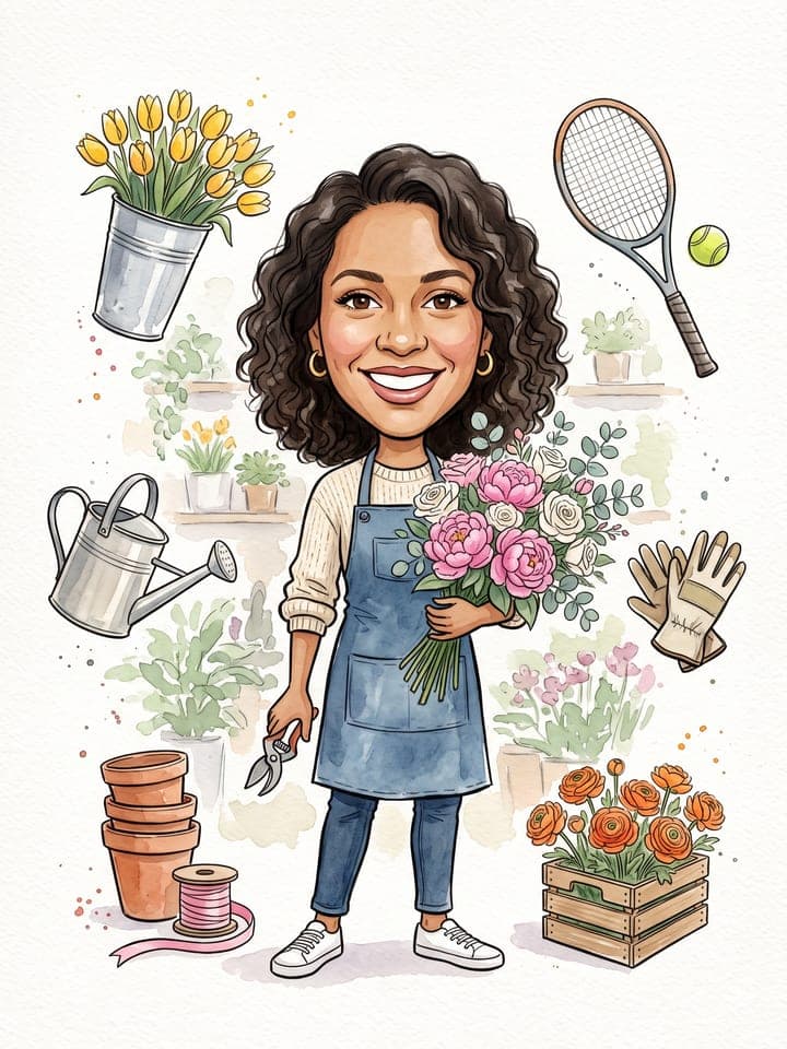 Handgemalte Aquarell-Karikatur einer lächelnden Frau mit schulterlangen dunklen Locken und goldenen Creolen, großer Kopf auf kleinem Körper in Jeansschürze, mit einem Strauß rosa Pfingstrosen und einer Gartenschere zwischen übergroßen Tulpen, einer Gießkanne, Terrakottatöpfen, Gartenhandschuhen, Ranunkeln und einem Tennisschläger