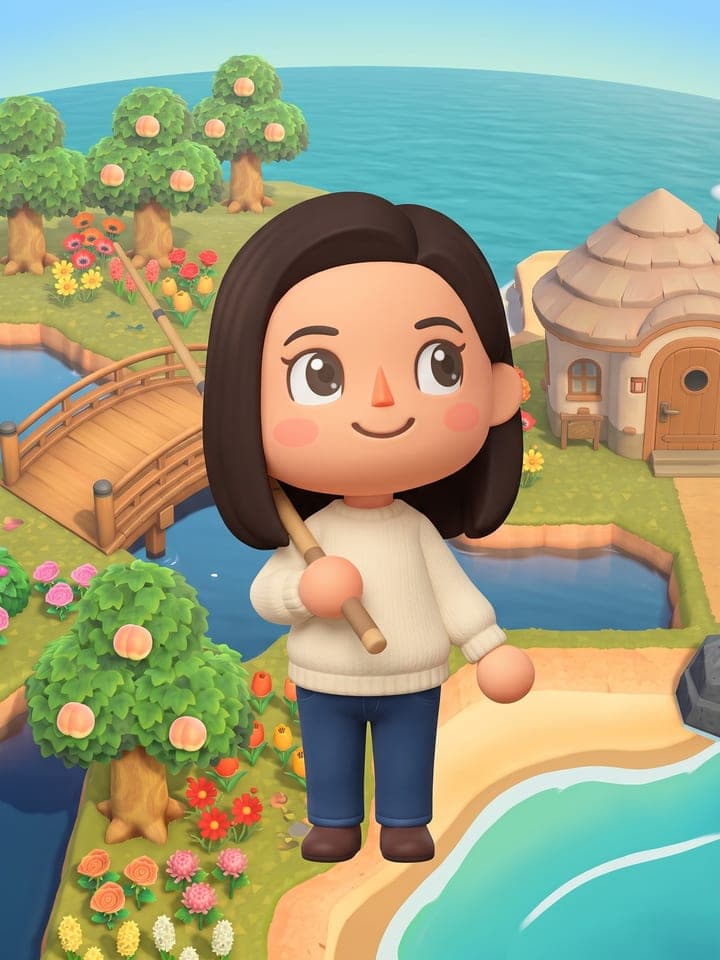 Dibujo animado en 3D al estilo de un acogedor juego de islas, de una mujer de pelo oscuro, liso y a la altura de los hombros, con suéter color crema y jeans, con una caña de pescar al hombro, junto a un puente de madera con árboles de melocotón, una casita y el mar