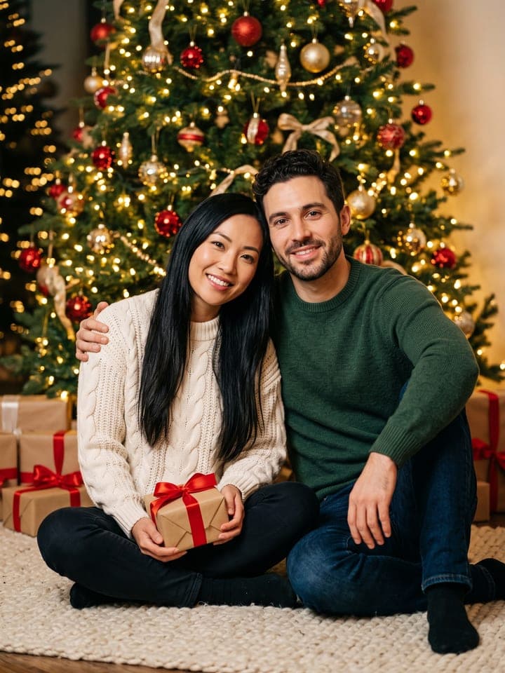 Pareja sonriente con suéteres de punto color crema y verde oscuro, sentados muy juntos sobre una alfombra de lana junto a un árbol de Navidad iluminado, con el brazo de él sobre los hombros de ella y un regalo envuelto en el regazo de ella