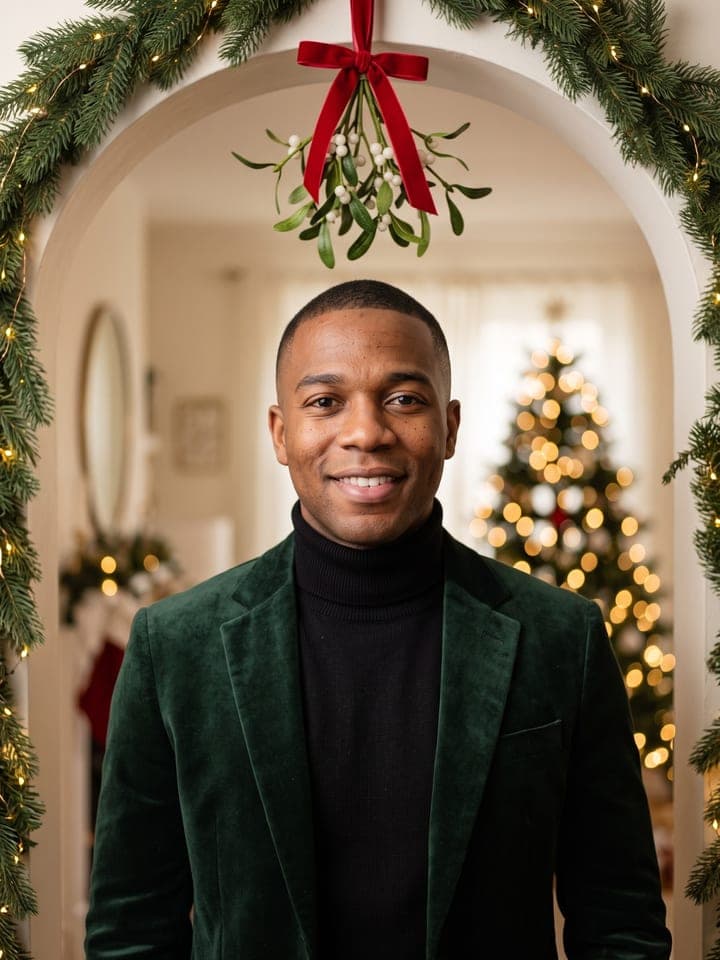 Hombre sonriente con el pelo muy corto y un blazer de terciopelo verde oscuro sobre un suéter negro de cuello alto, de pie en una puerta en arco decorada con una guirnalda de abeto iluminada, bajo una ramita de muérdago atada con un lazo de terciopelo rojo, con un árbol iluminado detrás