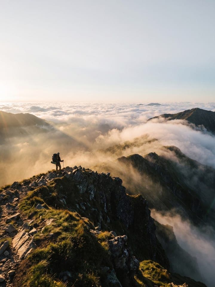 Lone hiker on a mountain ridge above a sea of clouds at golden hour