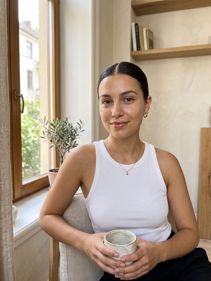 Woman with a slicked-back bun, gold hoops and a white tank top in soft morning light