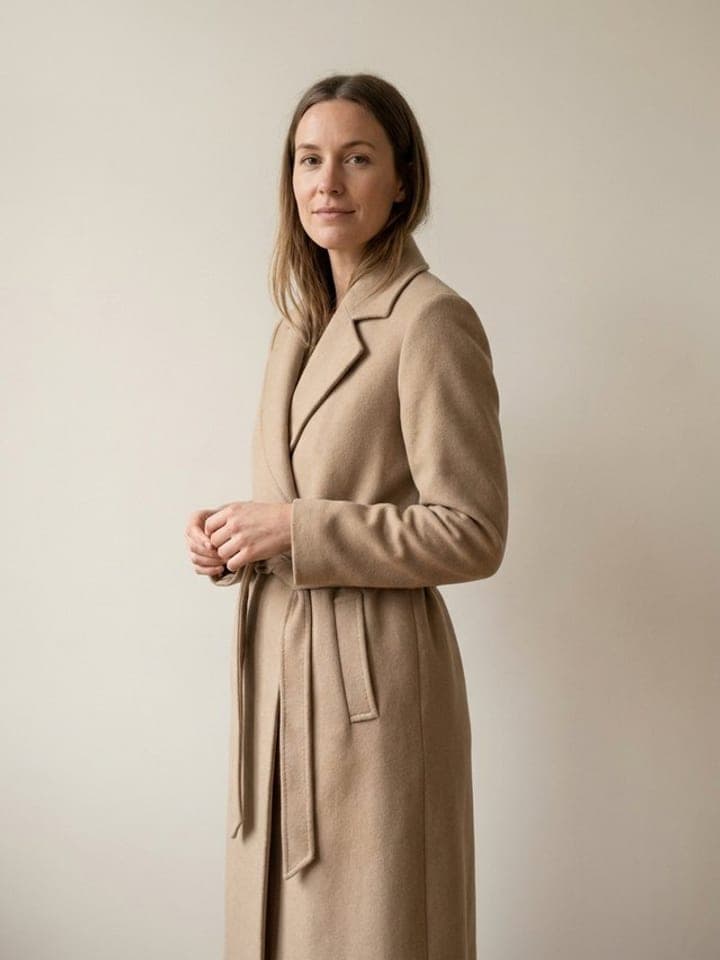Woman in a camel wrap coat standing in a bright room, the coat fitted with natural folds