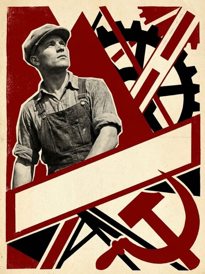 Constructivist poster of a worker in a cap with red and black diagonals, gears and a hammer and sickle