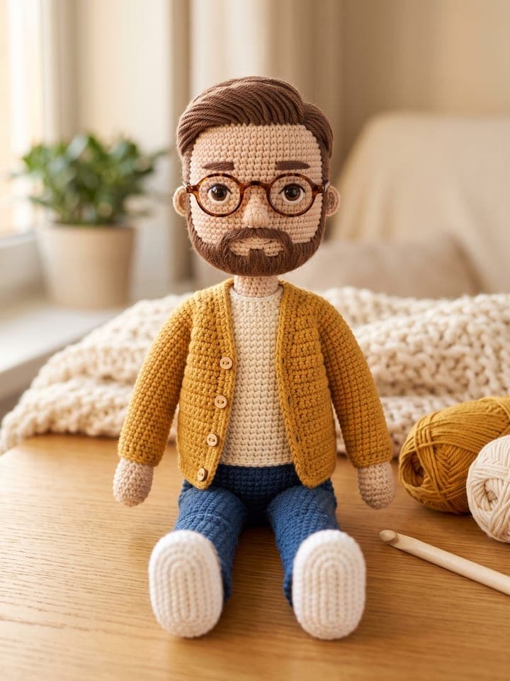 Muñeco amigurumi de crochet hecho a mano de un hombre sonriente con pelo corto de lana castaño, barba de lana castaña recortada, gafas redondas de carey y un cárdigan color mostaza sobre una camiseta crema y jeans azules, sentado en una mesa de madera junto a ovillos de lana y una aguja de crochet, con la luz cálida de la ventana