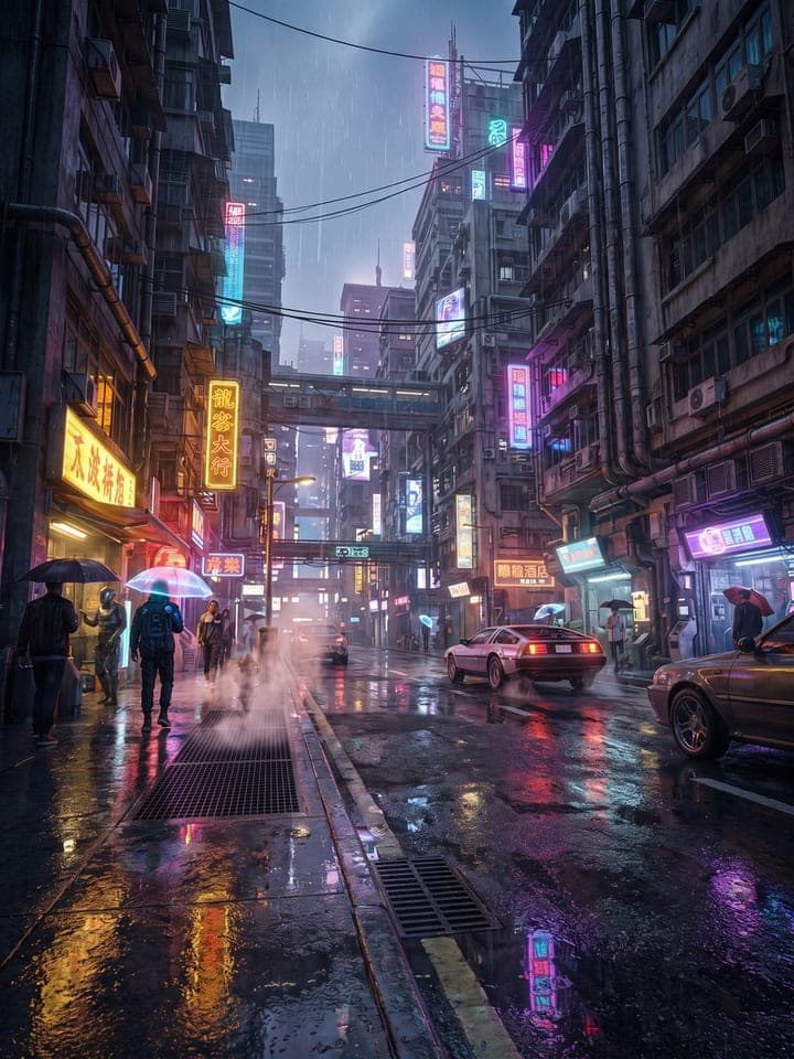 Rainy neon-lit city street at night with glowing signs, reflections and people with umbrellas