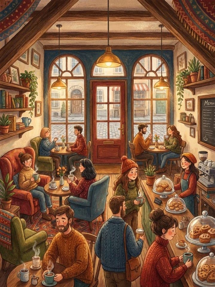 Detailed illustration of a cozy crowded cafe with arched windows, warm lamps and people at tables