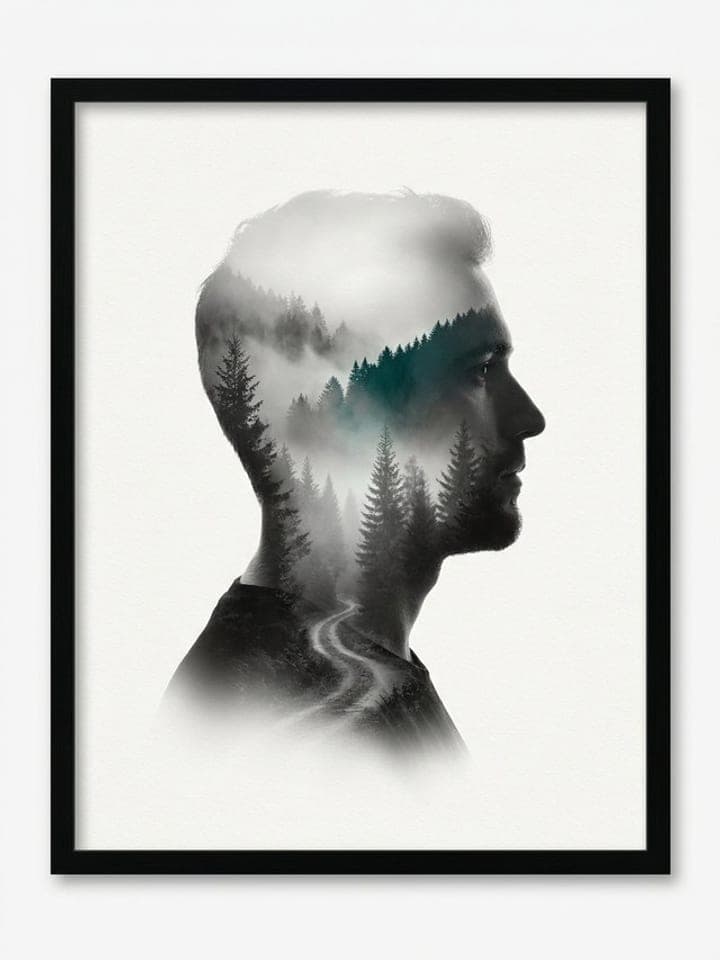 Double exposure of a man's profile silhouette filled with a misty pine forest, framed on a white wall