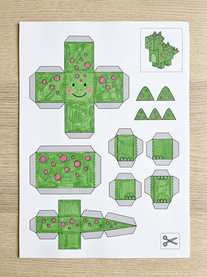 Printable papercraft sheet with cut and fold lines for a paper figure of a child's drawn character