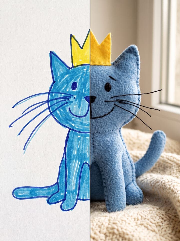 A child's drawing of a blue cat with a crown next to a stitched plush toy of the same cat