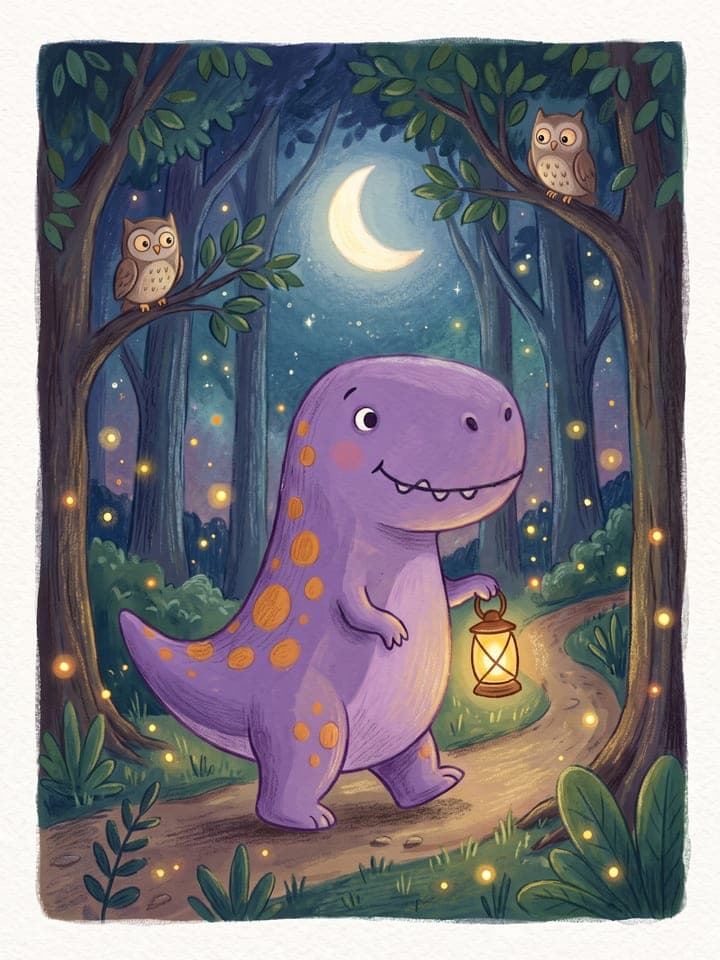 Picture-book illustration of a child's drawn purple dinosaur walking through a moonlit forest