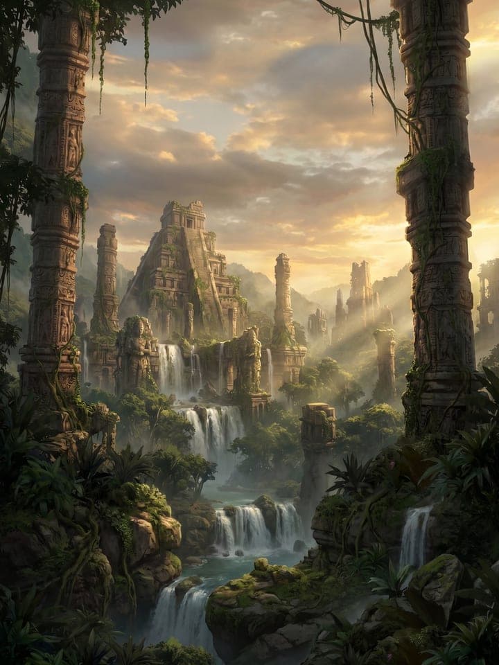 Concept art of ancient jungle temple ruins with waterfalls and sun rays through the mist