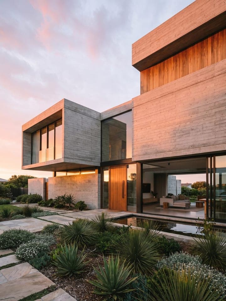 Modern two-story concrete and wood house at golden hour with a planted front garden