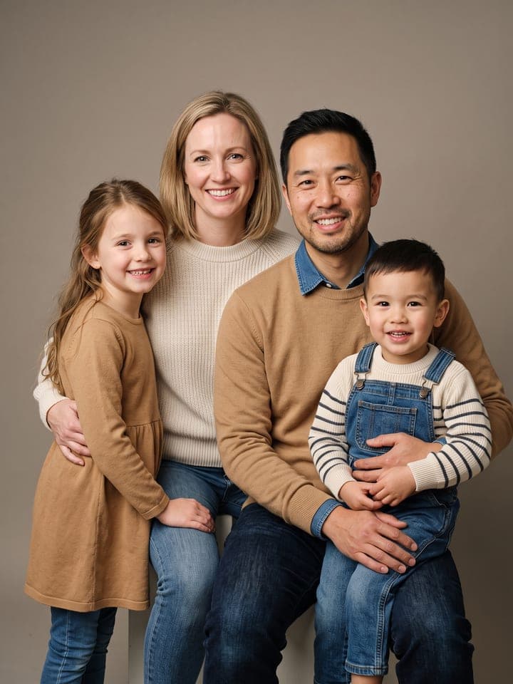 Studio family portrait of two adults and two children in cream and camel outfits on a warm grey backdrop