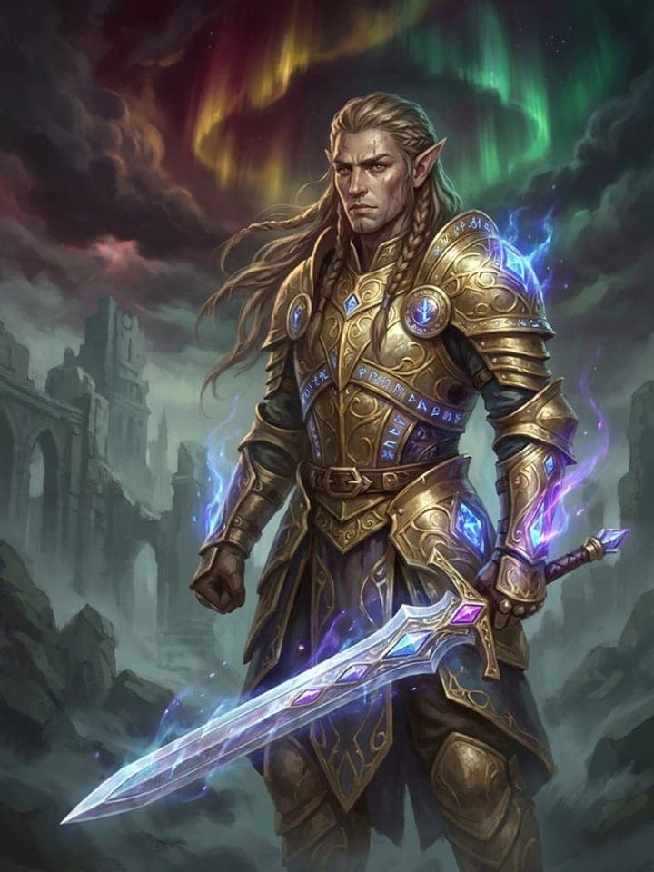 Fantasy concept art of an elf warrior in golden armor with a glowing sword under an aurora sky