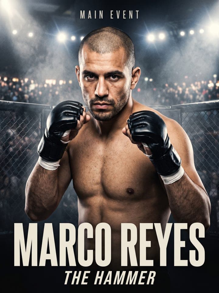 Fight night poster of a man in fight gloves under arena lights, a cage behind him, name in bold letters